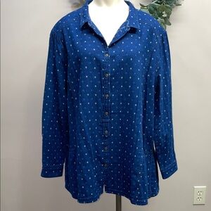 Wrap London Chambray Denim Long Sleeve Collared Button Down Ruffle Hem Top 18